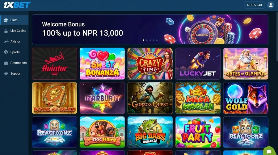 1xBet Casino lobby with 7,000+ slots and live dealer rooms